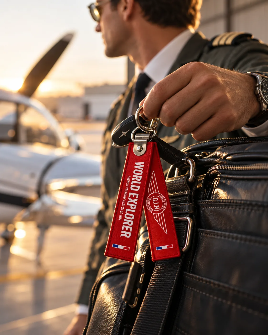 Flamme porte-clés World Explorer accrochée à des clés, près d’une sacoche de pilote et d’un avion